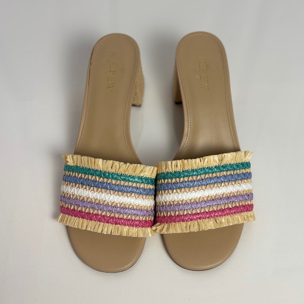 J. Crew Striped Raffia Block Heel Slide Sandals Women's‎ Size 8 Rainbow Festive - Picture 2 of 7